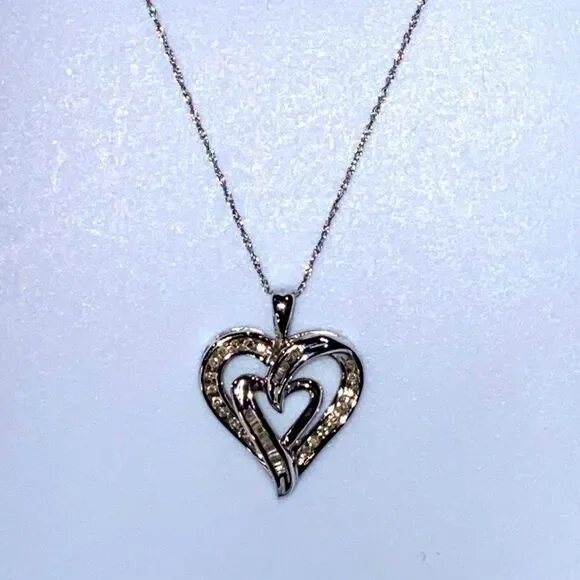 10K White Gold SUN Diamond Double Heart Necklace 18" Chain - Picture 11 of 16